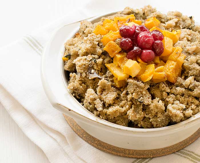 Gluten-free Vegan Teff Stuffing with Roasted Butternut Squash and Candied Cranberries