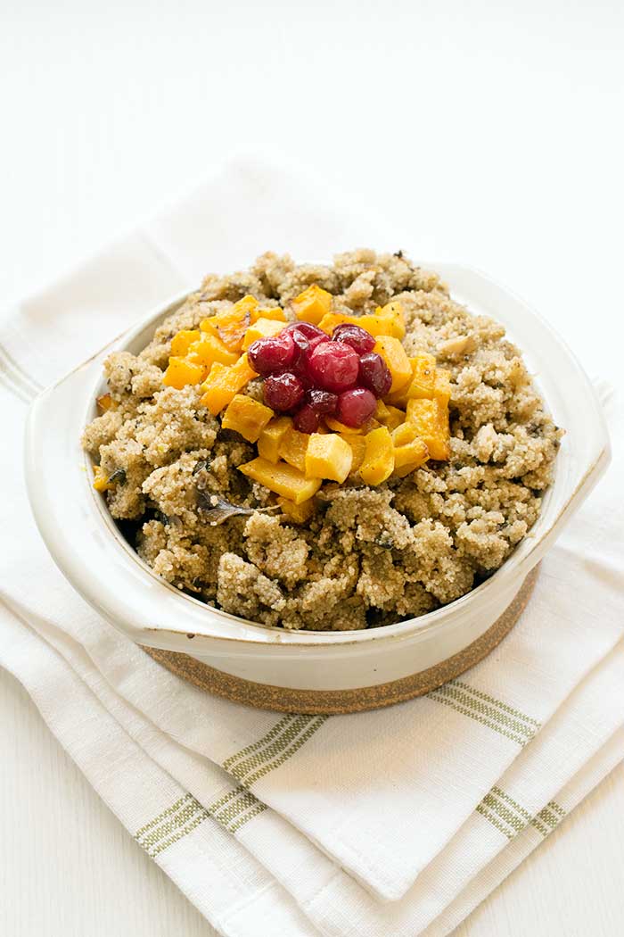 Gluten-free Vegan Teff Stuffing with Roasted Butternut Squash and Candied Cranberries