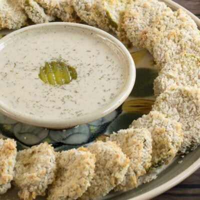 ranch dressing surrounded by air fried pickles