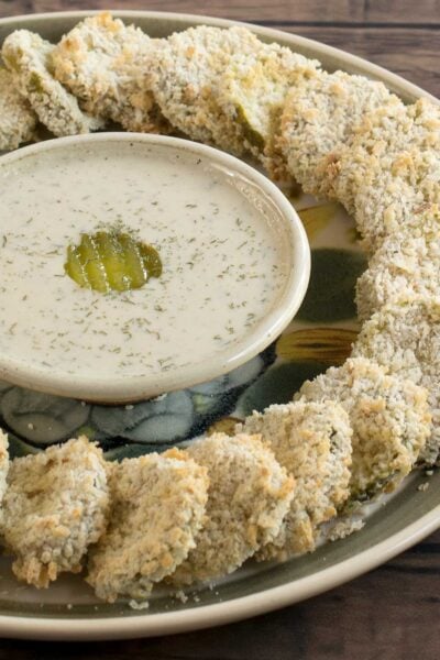 ranch dressing surrounded by air fried pickles