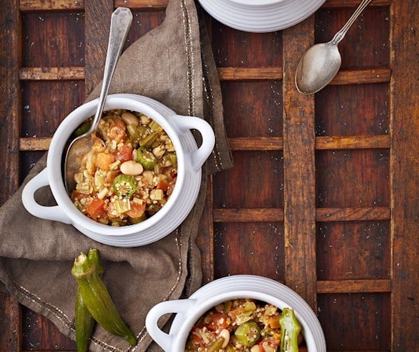 white bean quinoa gumbo on white bowl
