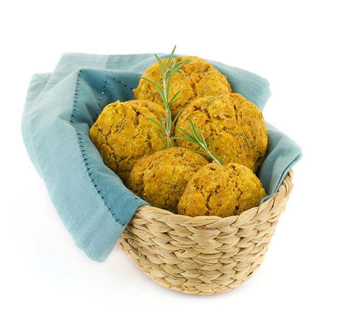 Vegan Pumpkin Drop Biscuits in a Basket with blue napkin
