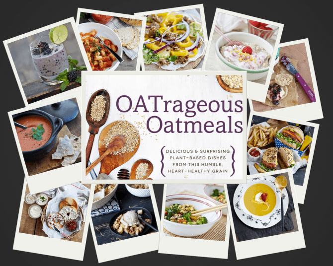 A collage of photos of recipes from the OATragreous Oatmeal cookbook.