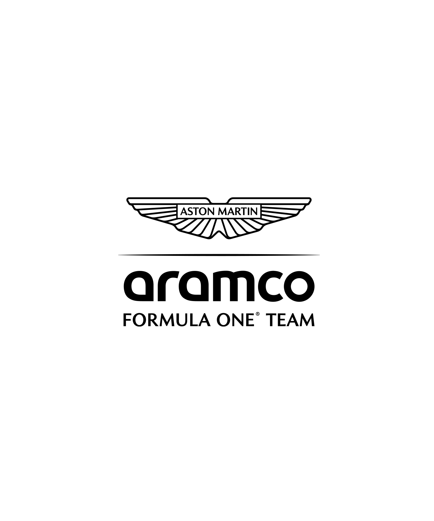 Black Aston Martin F1 logo featuring the iconic outstretched wings emblem surrounding the words 'Aston Martin' in elegant, uppercase lettering. Below, 'Formula One Team' is written in smaller black text, representing the brand's heritage of luxury and high-performance racing.