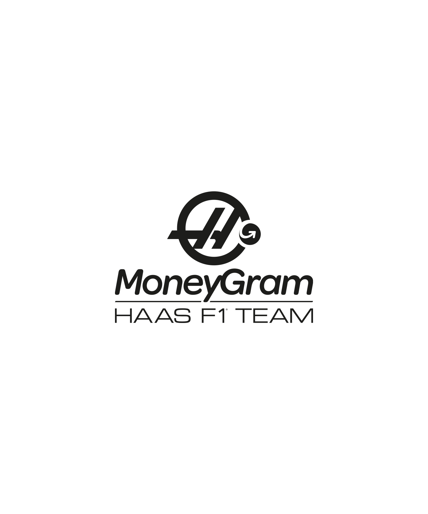 Black Haas F1 logo featuring a stylized, bold 'H' integrated into a circular design, with ‘Moneygram’ below it. Below this is 'Haas F1 Team' which is written in sleek, uppercase letters below it. The minimalist design reflects the team's modern and competitive presence in Formula 1 racing.