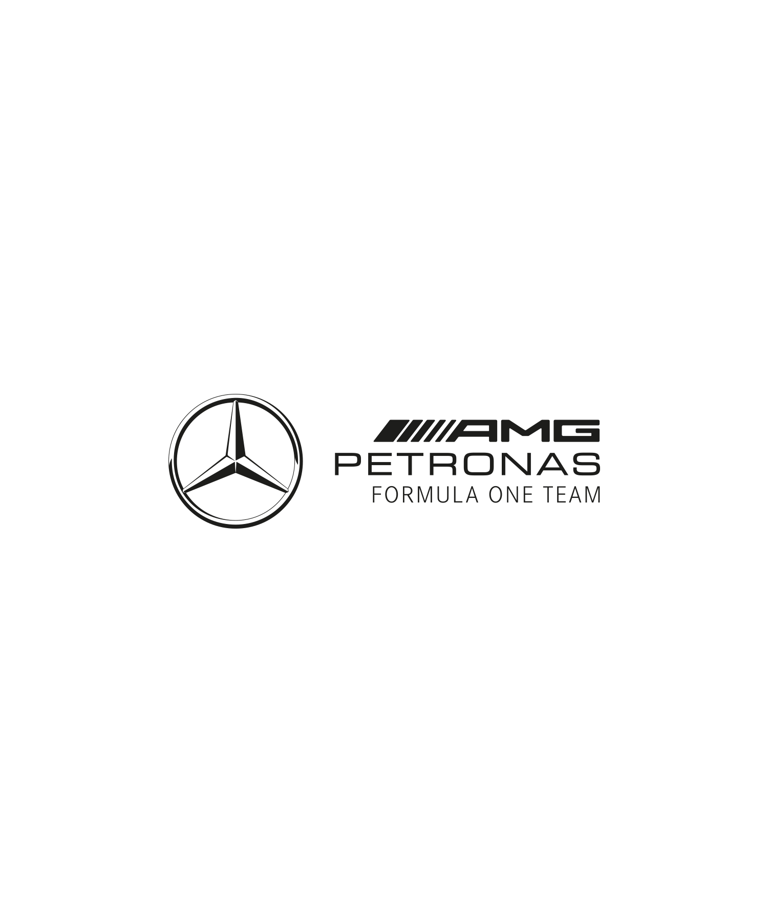 Black Mercedes-AMG F1 logo displaying a stylised three-pointed star inside a circle, symbolising Mercedes-Benz. The words 'AMG Petronas Formula One Team' appear in sleek, black lettering beside the star, representing precision and performance in motorspor