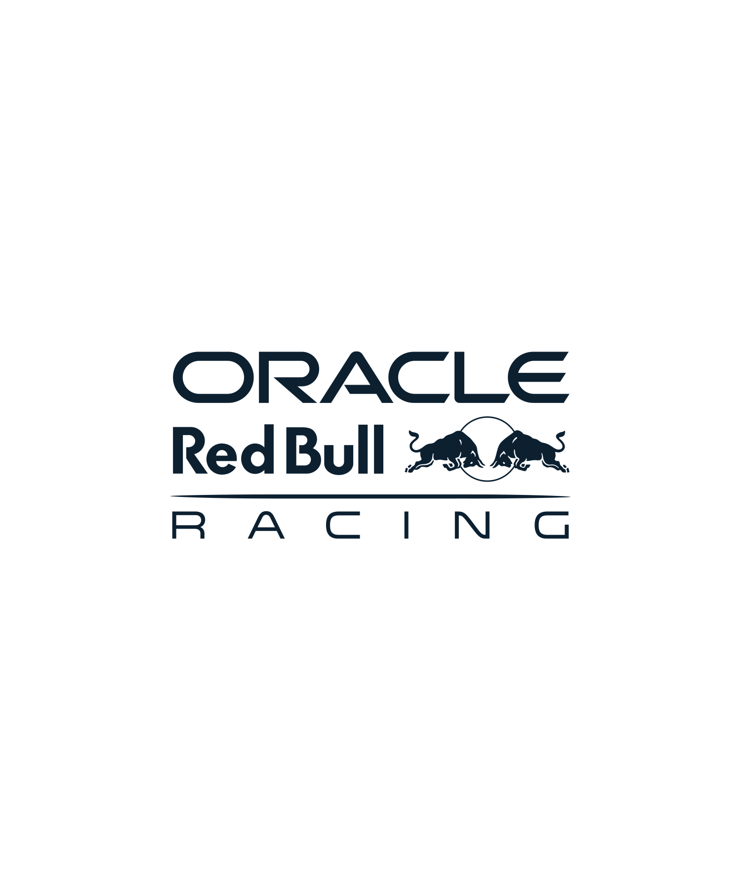 Black Red Bull Racing F1 logo featuring a sleek silhouette of two charging bulls in motion, with the text 'Oracle Red Bull Racing' in bold black letters surrounding. The design is simple and modern, emphasising speed and power.